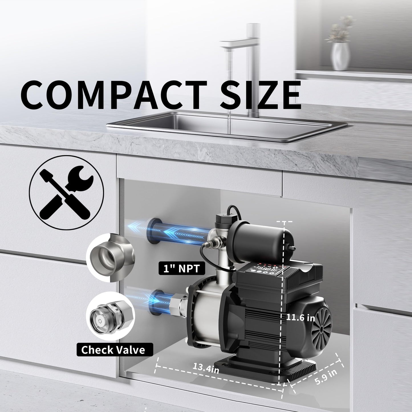 SUETPRYE 57PSI, 21GPM Smart Water Pressure Booster Pump for Home, 50% Energy Saving 0.6 HP, Constant Pressure, 55dB Ultra Quiet, 1" NPT, 115VAC, Boosts 7 Water Outlets for House, Shower, Irrigation