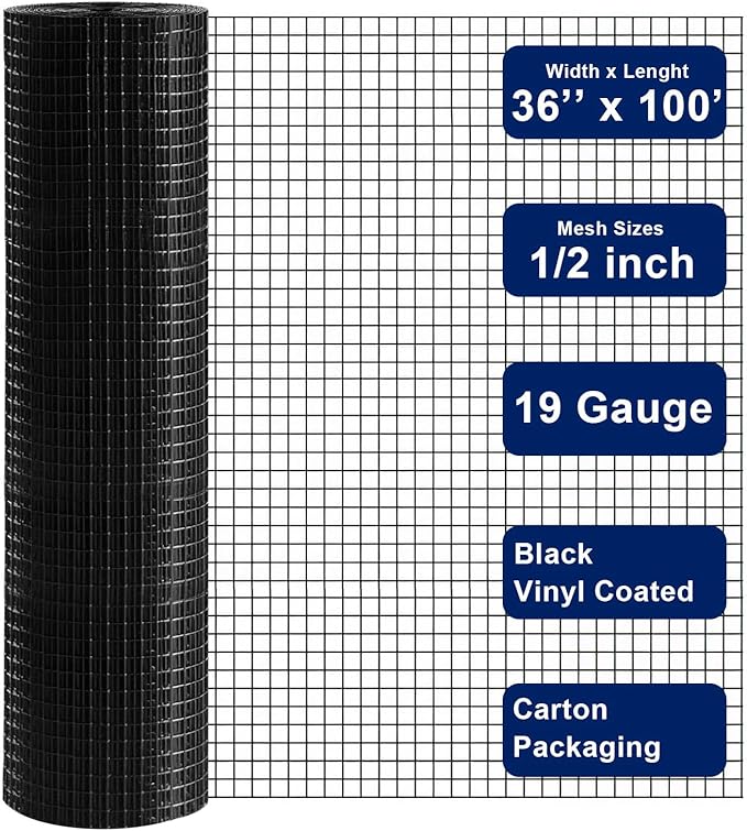 Black Hardware Cloth 1/2 in. x 3 ft. x 100 ft. 19-Gauge, Vinyl Coated Chicken Wire Mesh Roll, Welded Wire Fencing, Garden Fencing, Chicken Wire Fence