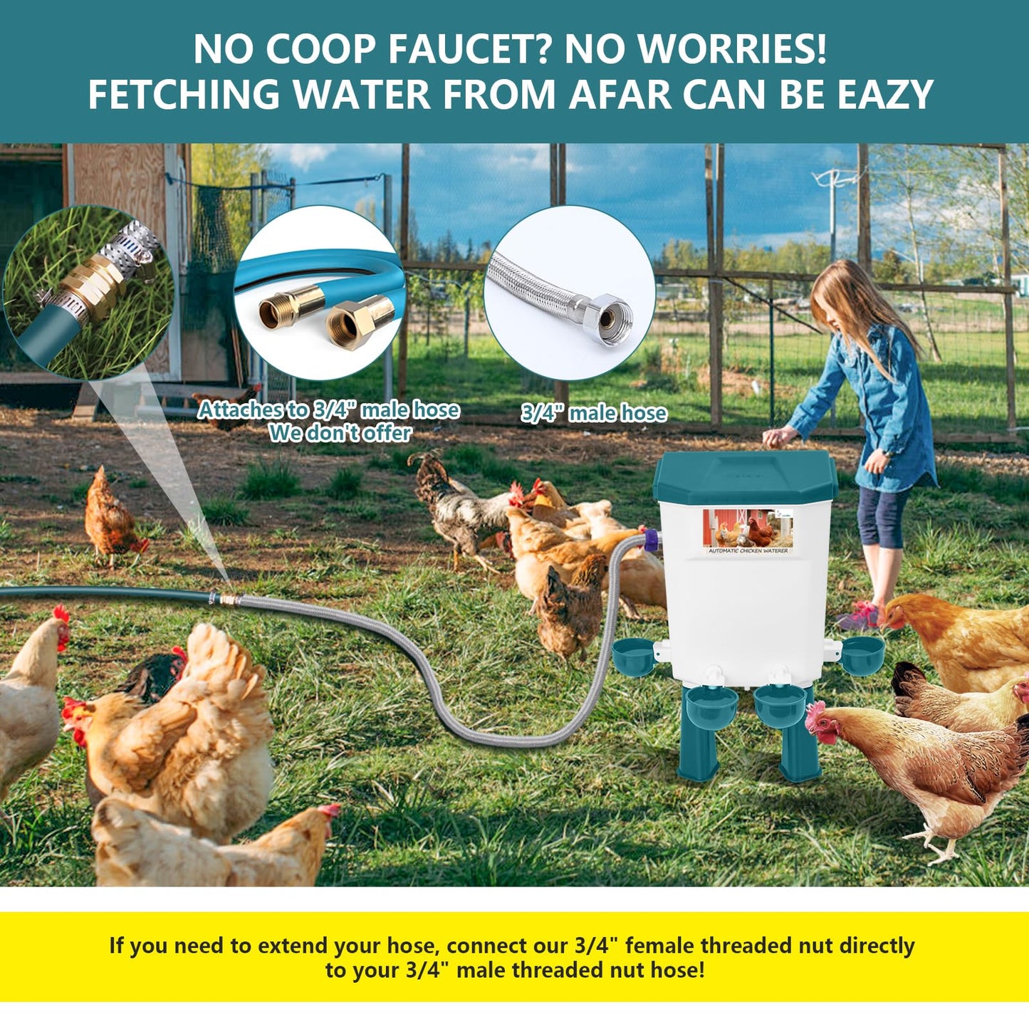 Lilyang Float-Controlled Automatic Chicken Waterer for Continuous Fresh Water, Self Filling Chicken Waterer with 60 Inch Water Hose (One End 3/4''), Suitable for Quail Duck Turkey(Blue, 2 Gallons)