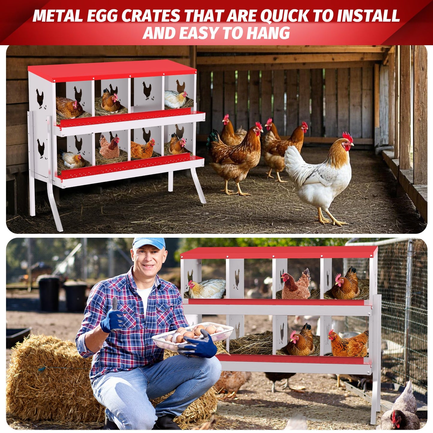 Chicken Nesting Box, 8 Hole Chicken Nesting Box with Legs, Metal Chickens Laying Boxes with Perch, Metal Roll Away Eggs Laying Boxes, Versatile Wall Mount or Free Standing for Chickens