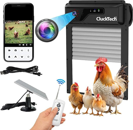 Automatic Chicken Coop Door - with 1080p Camera - Solar Powered - 5000mAh Battery - App Remote Control and Opener with Timer - Auto Open/Close - Heavy Duty - Night Vision - Alarm Drive