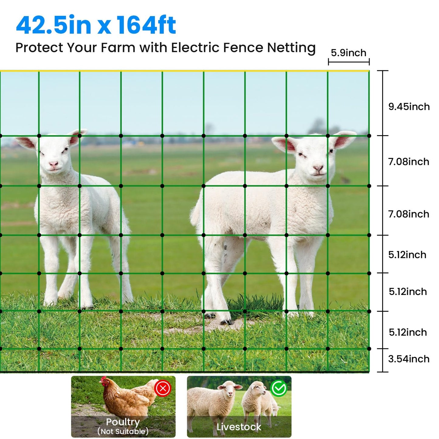 Electric Fence Netting, 42.5" H x 164'L, Portable Livestock Fencing Used in Backyards, Farms and Ranches, Electric Netting Fence for Cattle, Sheep, Goat, Hogs, Net Fencing with 14 Posts Double Spiked