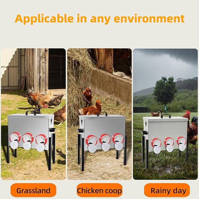 Automatic Poultry Chicken Feeder No Waste Metal Large Capacity 30 lbs Feeders for Chickens Ducks, Geese Bantams Pheasants Coop Weatherproof (6-Port)
