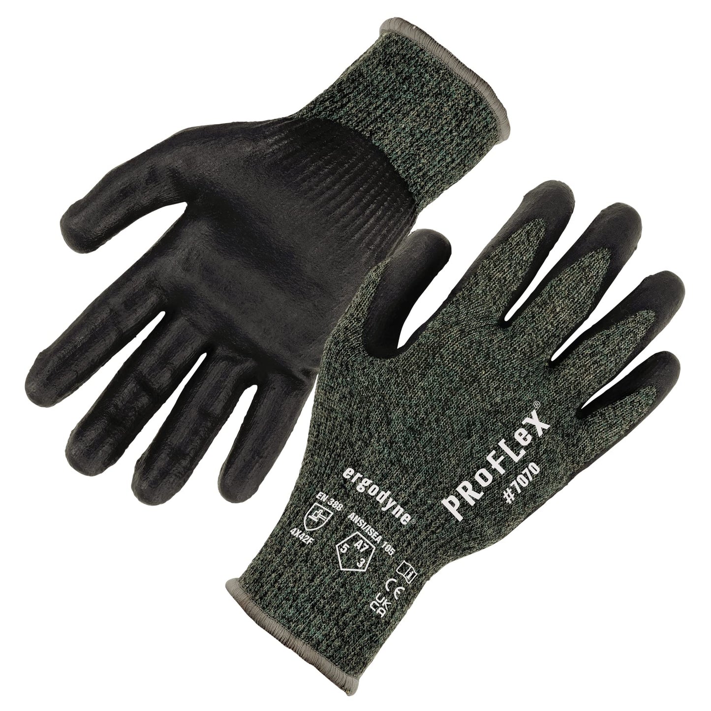Ergodyne ProFlex 7070 Cut Resistant Work Gloves, ANSI A7, Contact Heat Resistant, Sandy Nitrile Coated Palms 13g Aramid