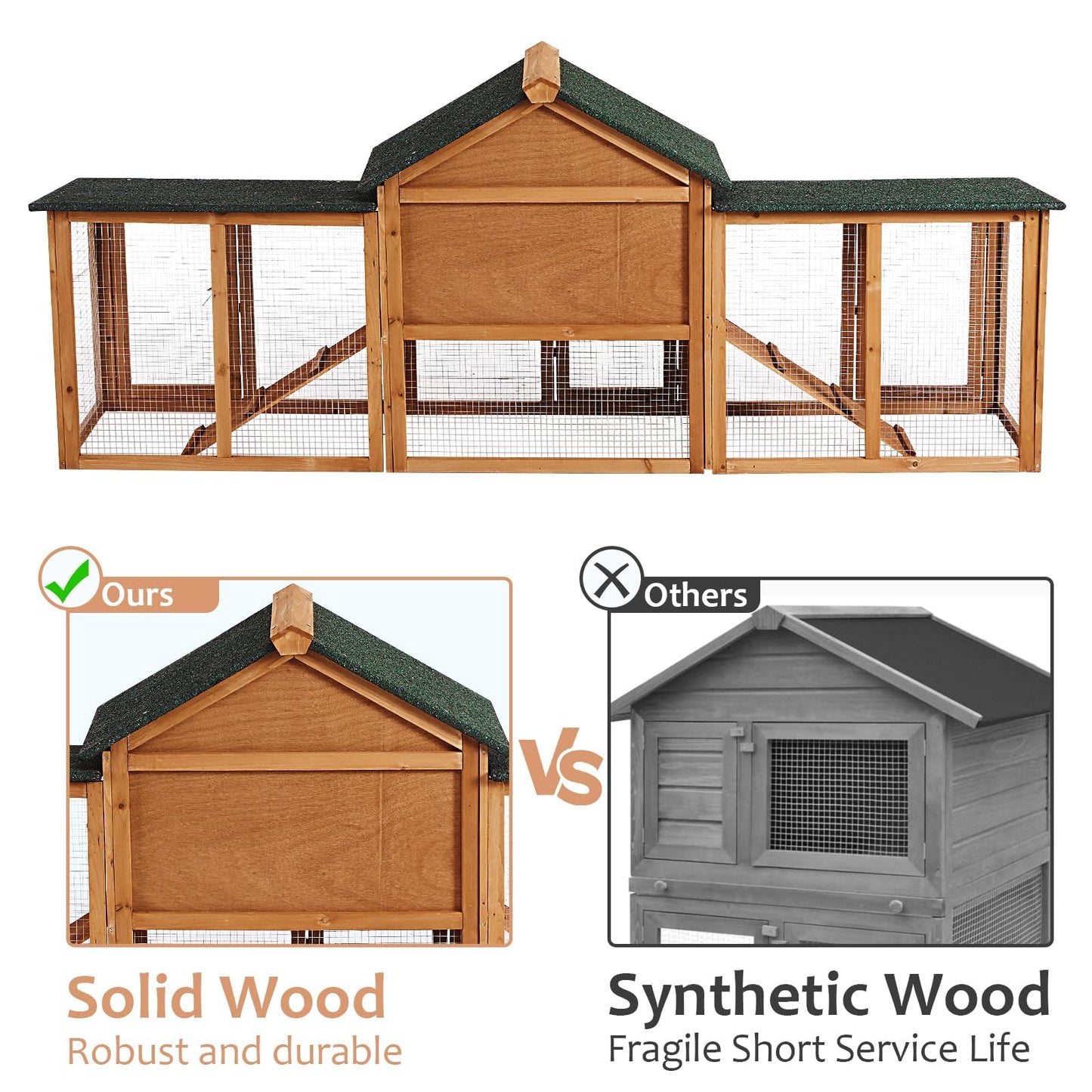 Hipicute 80in Wooden Rabbit Hutch, Outdoor Chicken Coop, Bunny Hutch Guinea Pig Pet House Bunny Cage with Double Side Runs, Weatherproof Roof, Removable Tray, Ramps for Small Animals