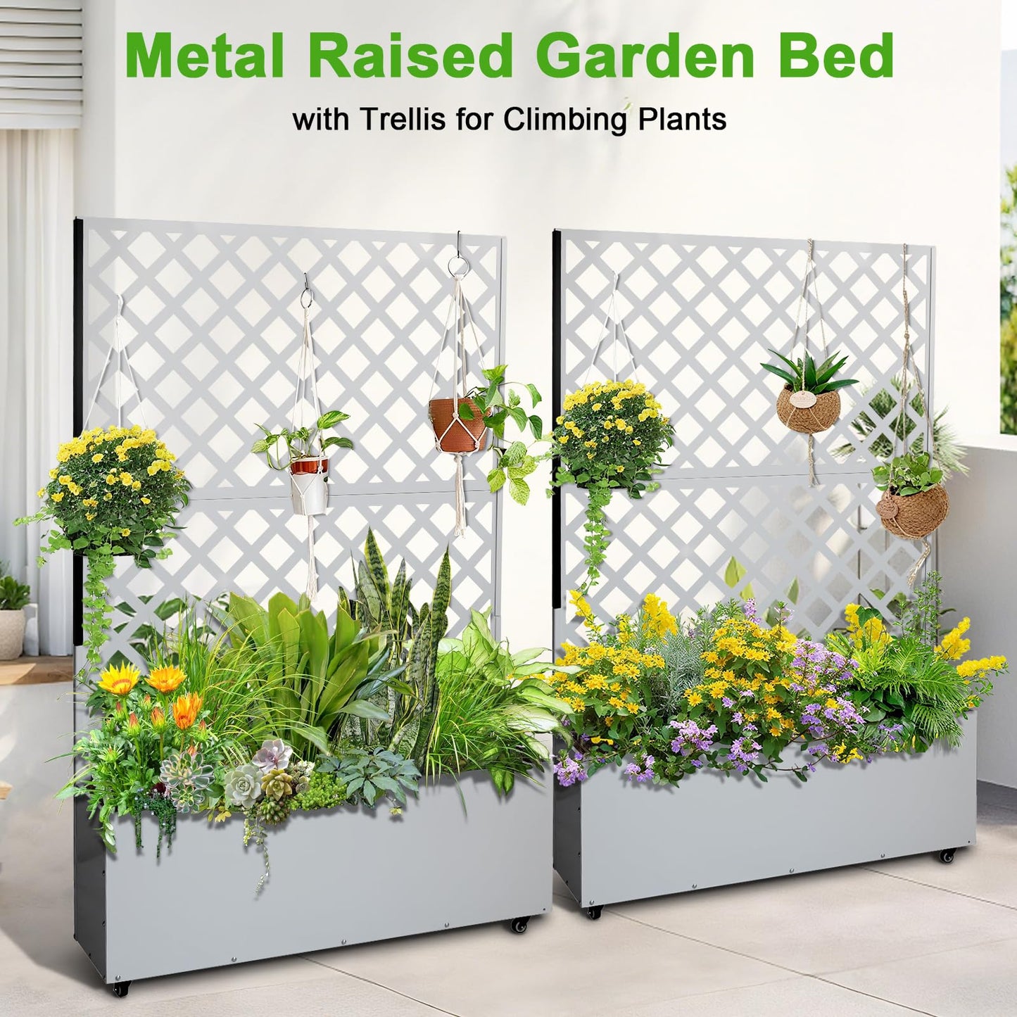 Mochalight Metal Raised Garden Bed with Trellis and Wheels, Metal Planter Box with Trellis Privacy Screen, Outdoor Planter Box with Drainage Holes for Climbing Plants, Flowers, Vegetables, White