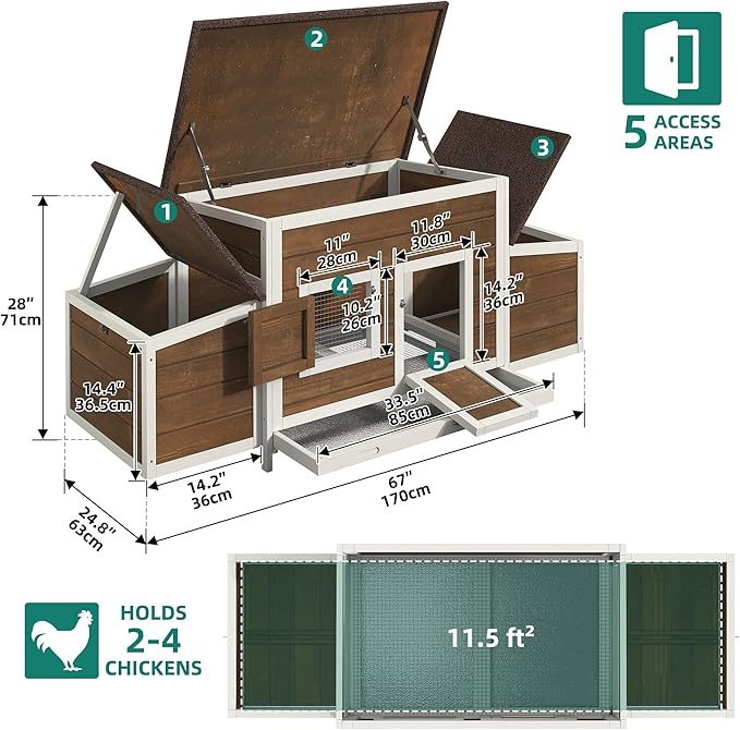 YITAHOME Chicken Coop Large Wooden Chicken House Chicken Pen Outdoor with 2 Nesting Boxes Poultry Cage Rabbit Hutch Duck Cage with Weatherproof Roof (Brown)