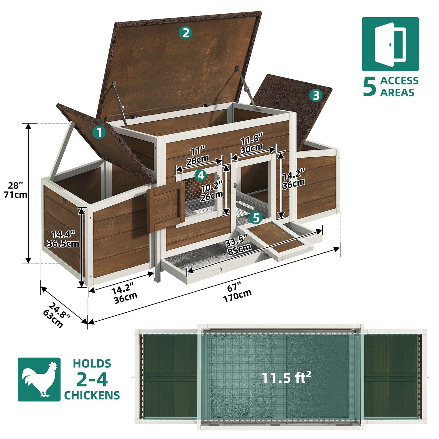 YITAHOME Chicken Coop Large Wooden Chicken House Chicken Pen Outdoor with 2 Nesting Boxes Poultry Cage Rabbit Hutch Duck Cage with Weatherproof Roof (Brown)