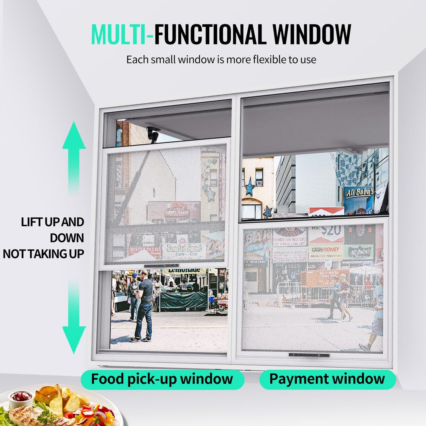NOOTA Concession Window for Food Truck 48"x36", with Vertical Lifting Small Sliding Windows & Awning Door & Drag Hook, Playhouse Window, Chicken Coop Window, Shed Window, Up to 85 Degrees Window