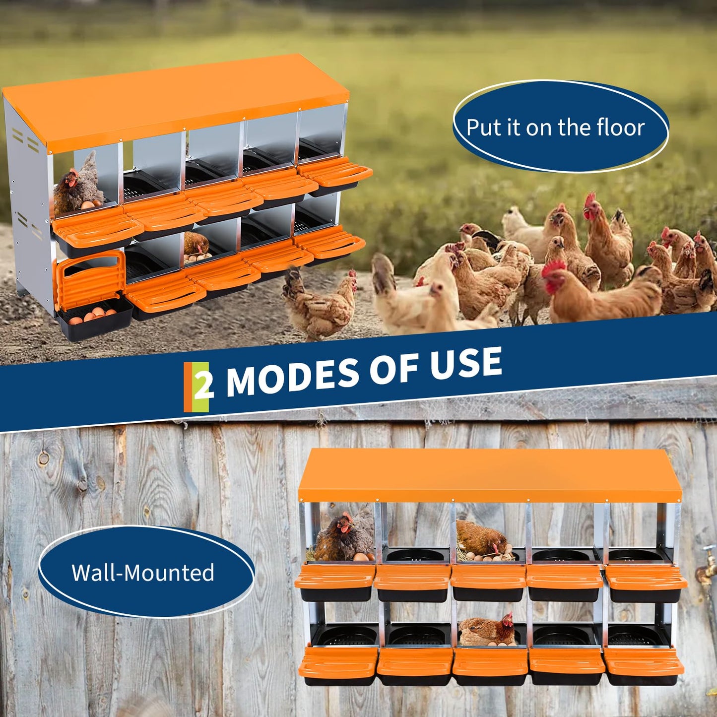 Chicken Nesting Box,10 Compartment Roll Away Nesting Box for Laying Eggs,Wall Mount Chicken Nesting Boxes,Easy Egg Collection,Cleanable Pull Out Hen Roosting Boxes 10 Hole,Green
