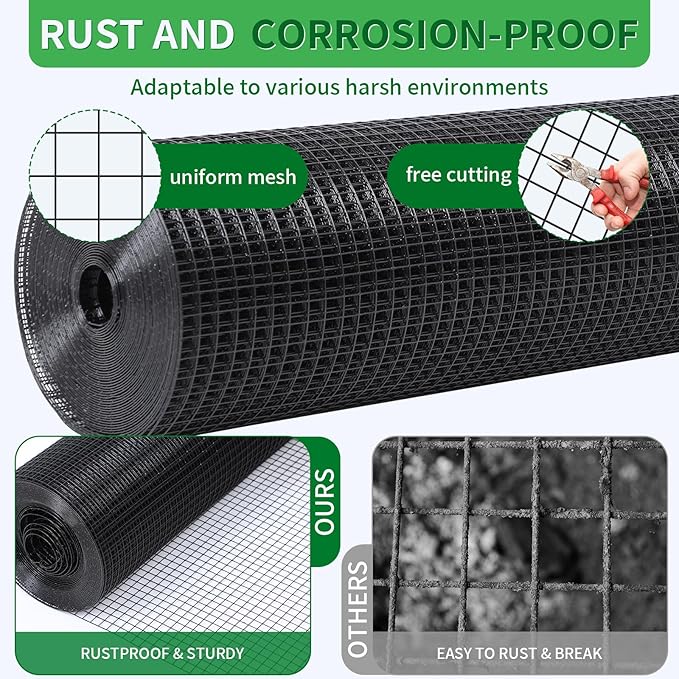 Black Hardware Cloth 19 Gauge 1/2 inch 36 inch x 50 Foot Chicken Wire Fenceing Roll PVC Coated Wire Mesh Vinyl Coated Fence for Chicken Coop Garden Fencing Rat Wire Mesh