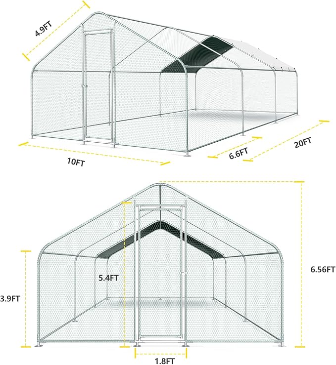 10x20FT Large Metal Chicken Run with Roof, Walk-in Poultry Cage Chicken Coop Runs House for Yard with Waterproof Cover, Ducks Rabbits Habitat Cage Spire Shaped Coop