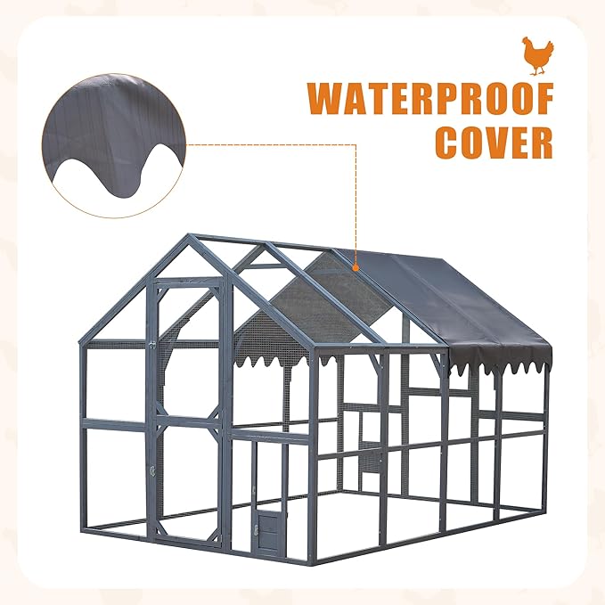 109.6'' Large Wood Chicken Coop Enclosures,Walk-in Poultry Cage, Chicken Run Pen Duck House with Waterproof and Anti-Ultraviolet Cover for Outdoor Farm Use Spire Roof, Grey