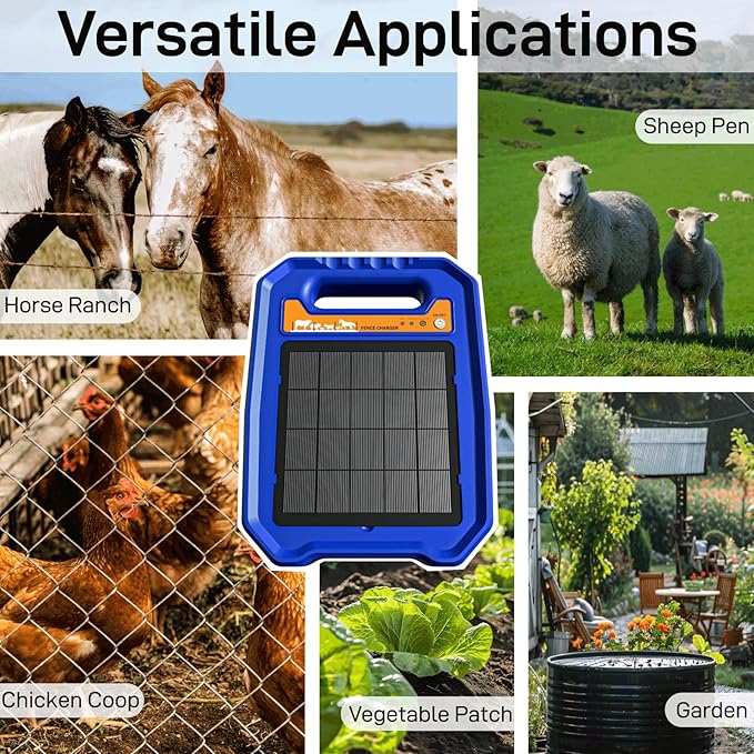 Low Impedance Electric Fence Charger - Solar Powered Electric Fence Controller Output 0.5J up to 5 Miles Electric Fence for Livestock Farm with Day/Night Mode