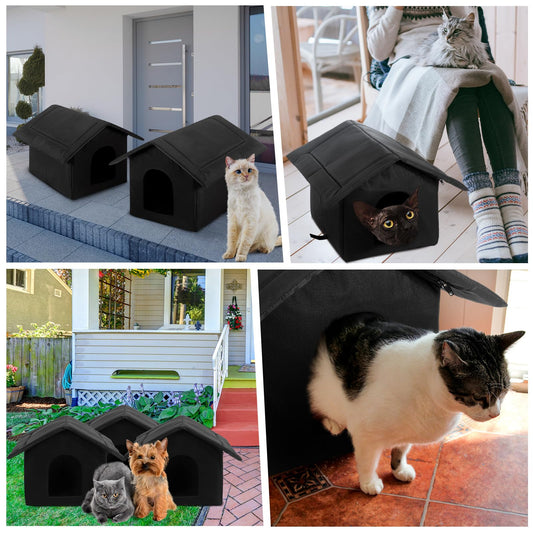 Soaoo 3 Pcs Cat Houses for Outdoor Stray Cats Shelter Weatherproof Outside House Indoor Foldable Pet Cave with Tent Stakes for Wild Animal Dogs(Pure Black Style)