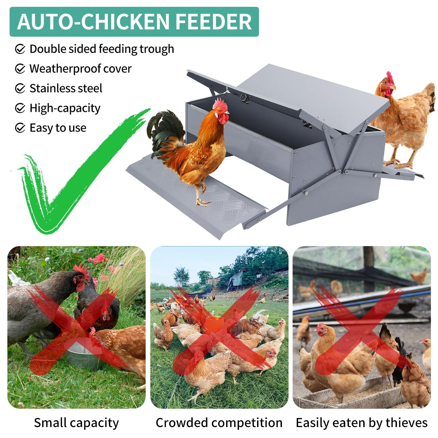 Lucky Farm Automatic Chicken Feeder Treadle Poultry Feeding Trough Plastic Spraying Steel 25lb No Spill for Roosters Duck Goose and Turkey