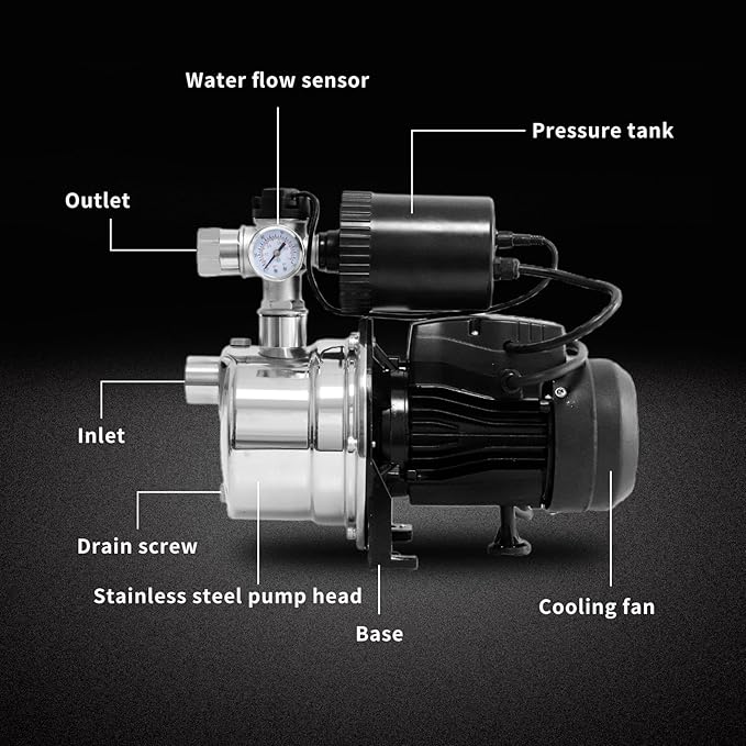 3/4 HP Water Pressure Booster Pump for House, Shallow Well Pump with Pressure Tank, Stainless Steel 1050 GPH 110V Auto On/Off Water Booster Pump, Irrigation Garden Sprinkler Pump for Home