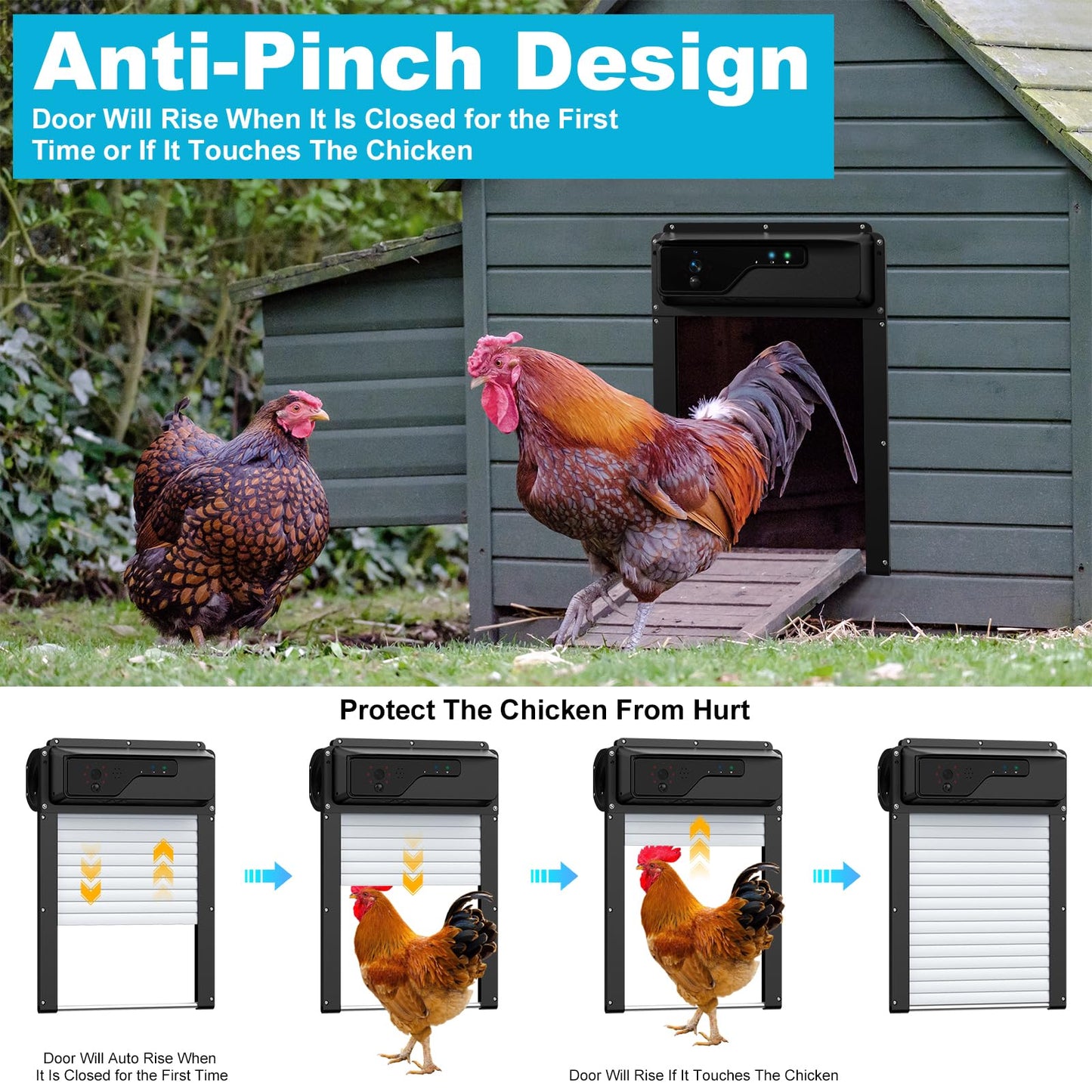 Automatic Chicken Coop Door WiFi with Talkback Function, HD Camera, Solar Powered, APP-Based Monitoring, Remote Control and Timer, with Anti-Trap Sensor and Alarm Drive, Solar Chicken Door