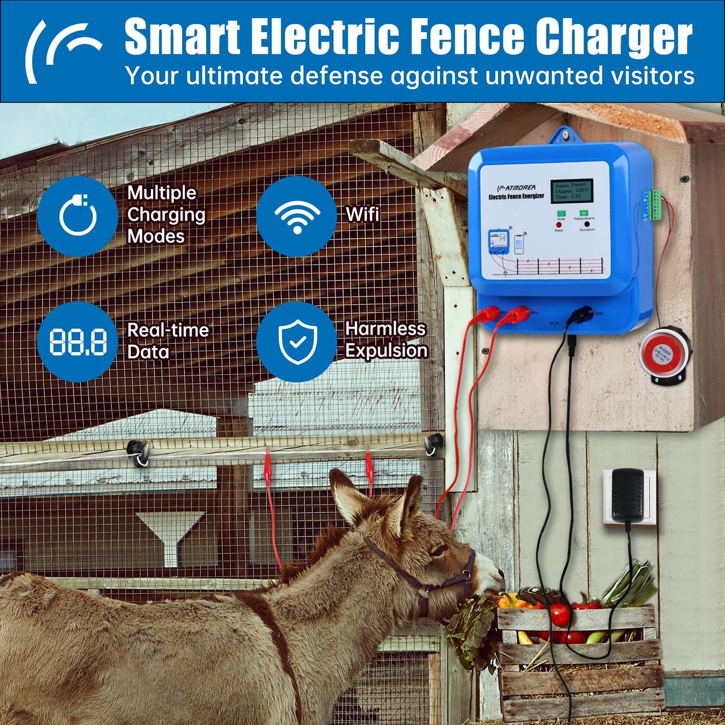 ATMOREA Smart Electric Fence Charger with Dual Alarm - 1.5/2 / 3 Joules Adjustable Energizer for Mobile Devices and Remote Control - Ideal for Poultry, Livestock, Gardens and Yards Safety