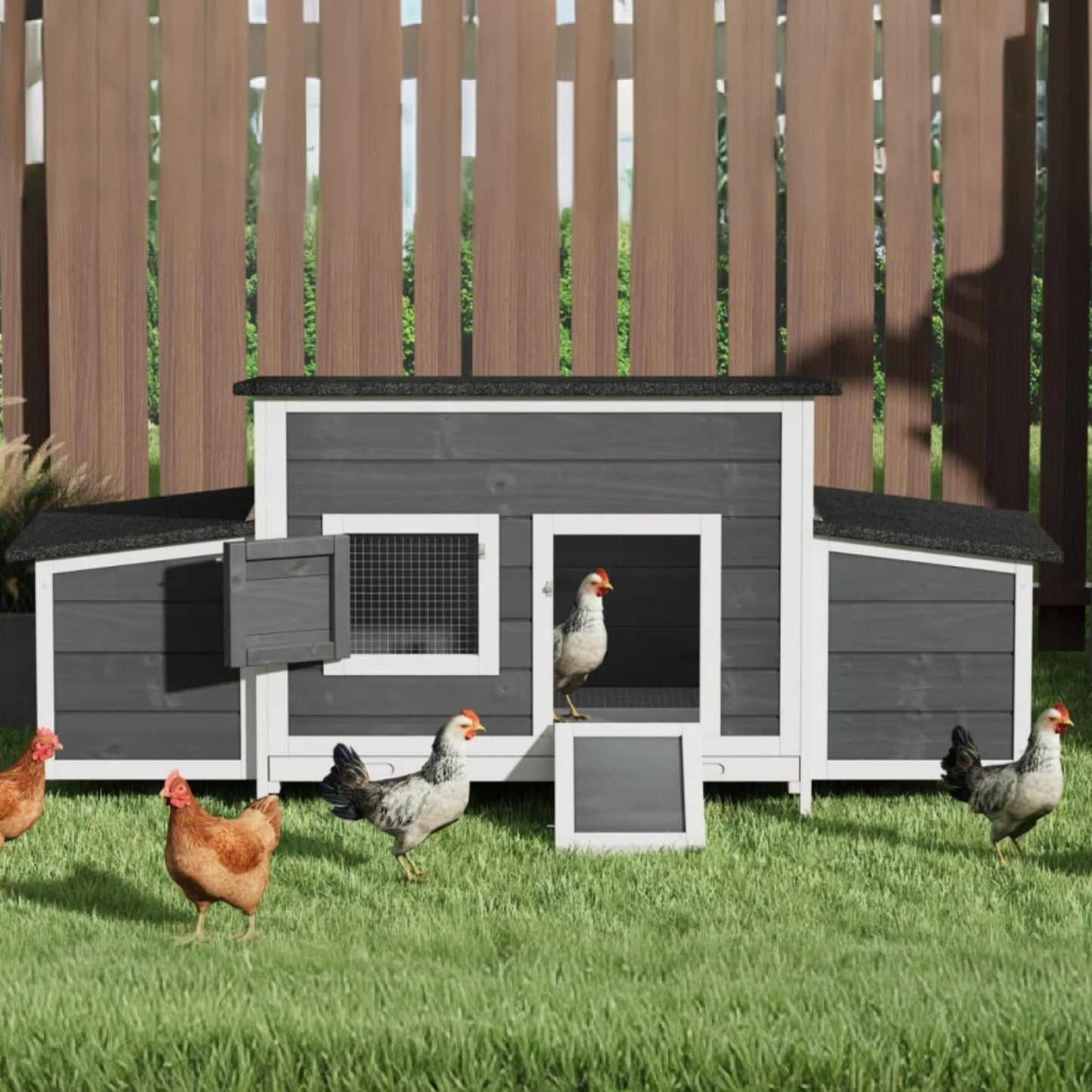 DWVO Solid Wood Chicken Coop for 4-6 Chickens, Outdoor Wooden Chicken Run Pen with 2 Nesting Boxes, Poultry Cage Rabbit Hutch Duck Coop Hen House w Weatherproof Roof & Removable Tray, Grey