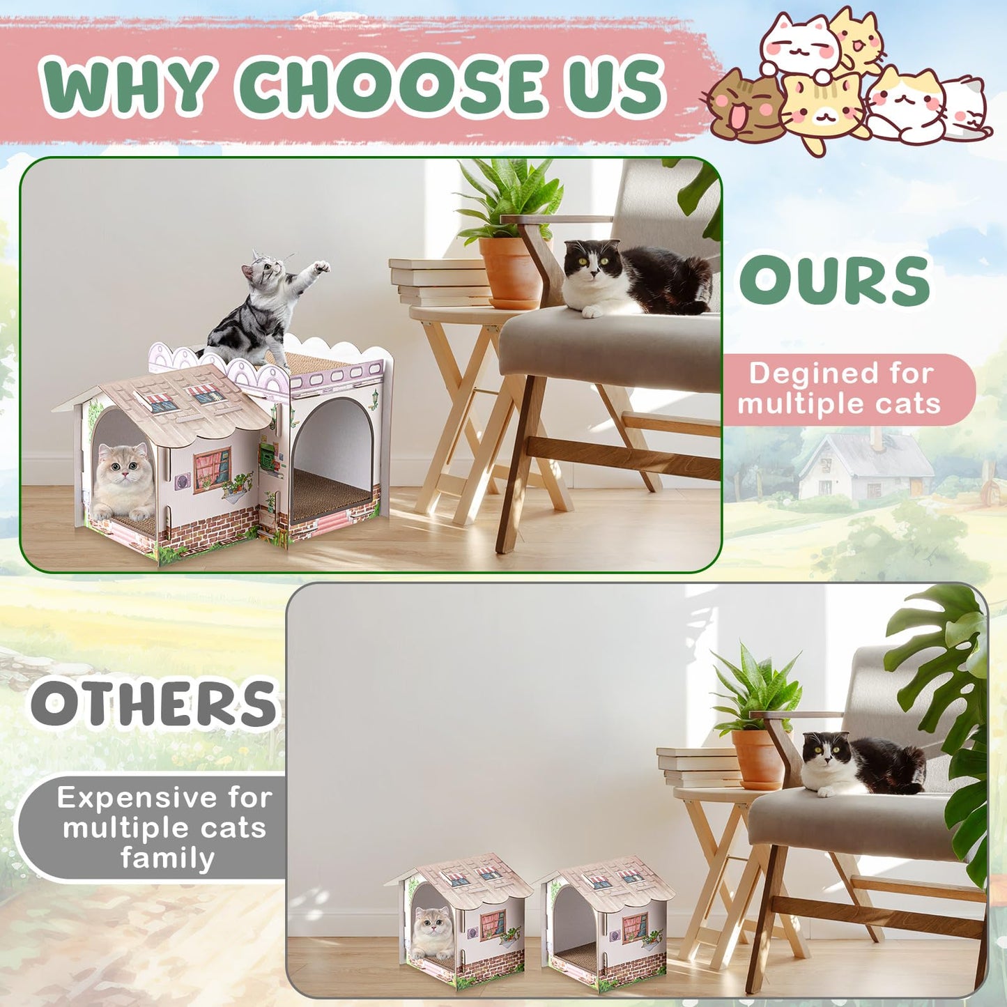 Lineshading Multi Level Cardboard Cat House with 3 Scratchers Large Sturdy Country House Themed Cat Villa 17"x12"x10" Cute Pet Condo Beds Toys Hideout for Bunny Small Animals Birthday Party