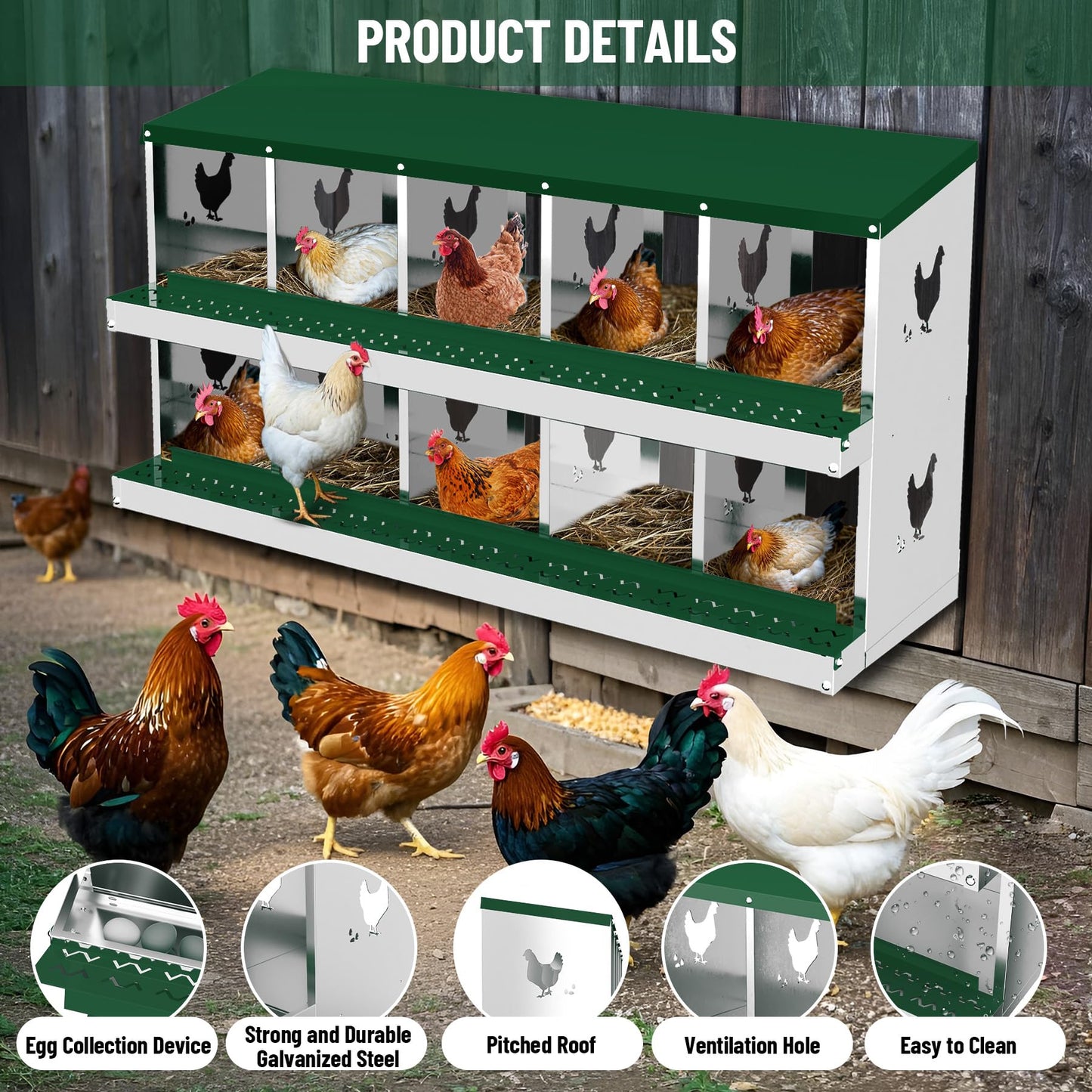 Chicken Nesting Box, 10 Holes Nesting Boxes for Chicken, Chicken Laying Boxes for Chicken Coop Hens, Easy Egg Collection, Easy Cleaning, Green