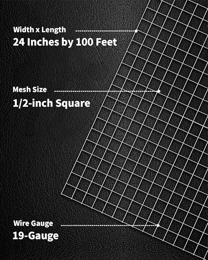Chicken Wire Fencing, Hardware Cloth 1/2 inch 24 x 100 Ft 19-Gauge - Hot Dipped Galvanized After Welding - Chicken Wire Mesh, Wire Mesh Roll, Garden Fencing, Gopher Mesh, Rabbit Wire