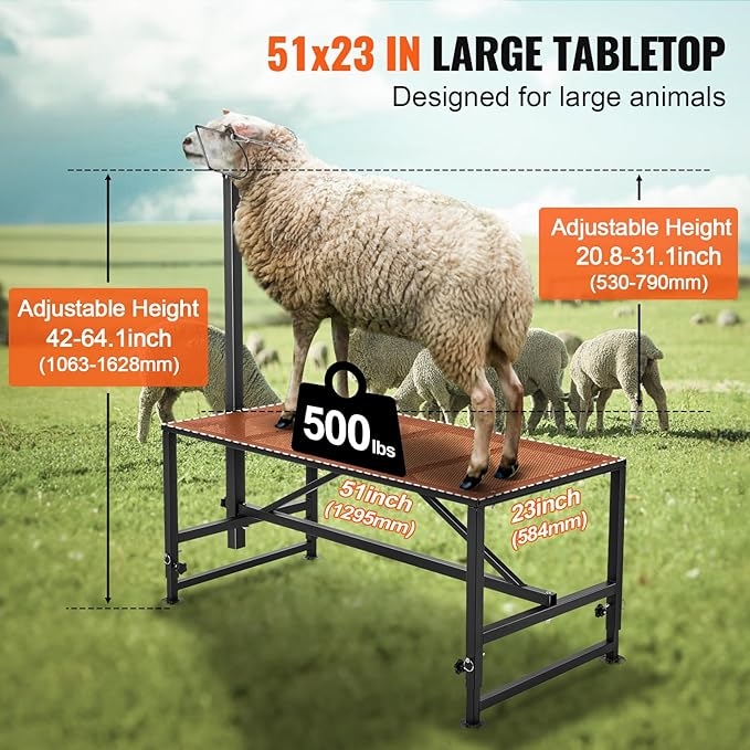 VEVOR Goat Milking Stand, 47x23 inch Livestock Stand, Metal Sheep Milking and Shearing Stand 21" to 33" Adjustable Height, with Headpiece and Nose Loop, 500lbs Loading Weight, Black