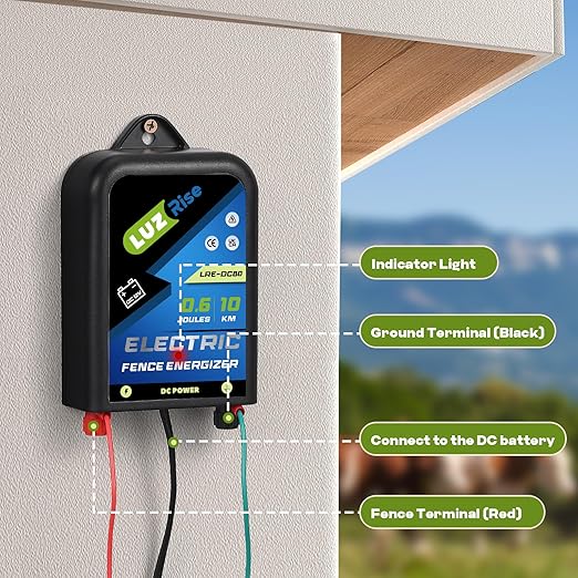 Electric Fence Energizer DC Powered Electric Fence Charger 0.6J Output 10KM Range with IP65 Waterproof Function for Livestock, Farmland, Garden, Preventing Wild Animals Intruding (LRE-DC80)