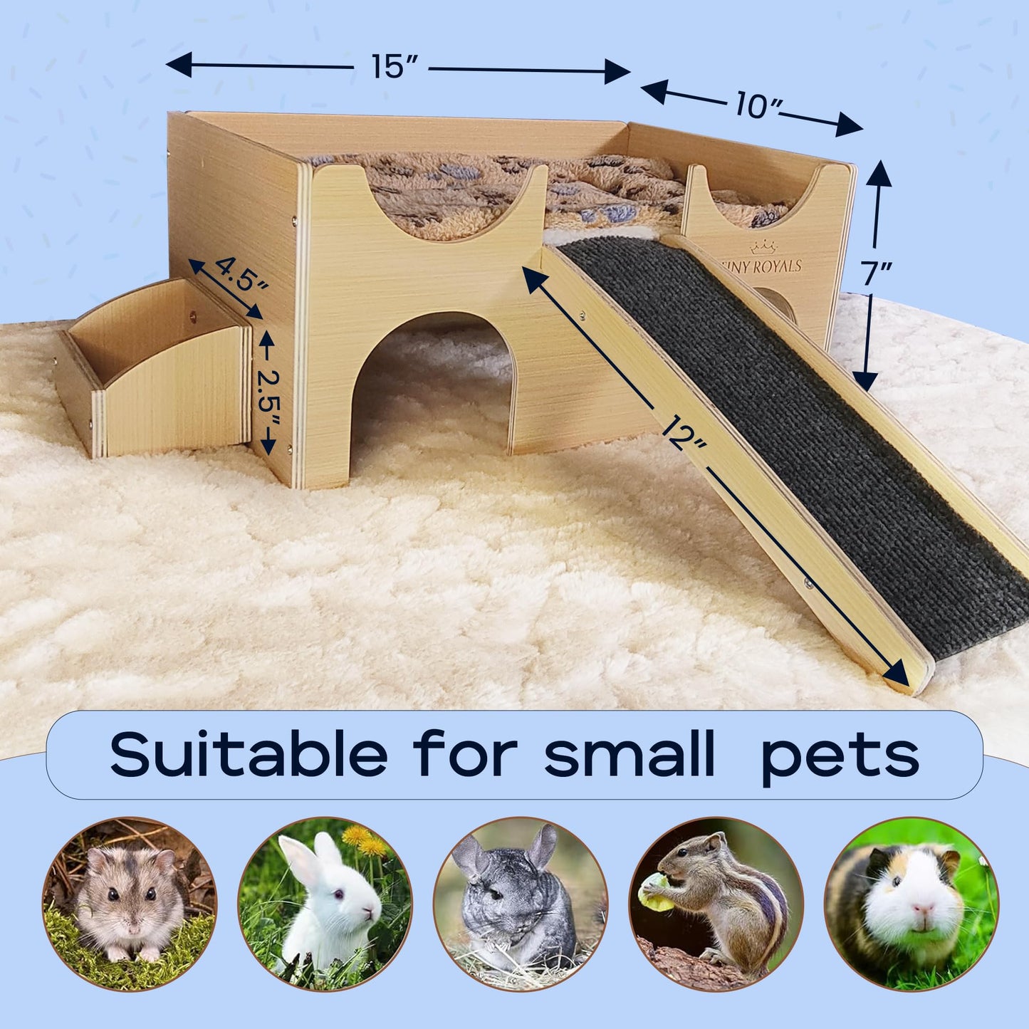 TINY ROYALS Guinea Pig Wooden Hideout with Built-in Feeder, Screw-Assembled Natural Wood Castle with Absorbent Fleece Mat, Ramp & Accessories, Cozy Safe Hideaway for Small Pets to Rest, Play & Explore