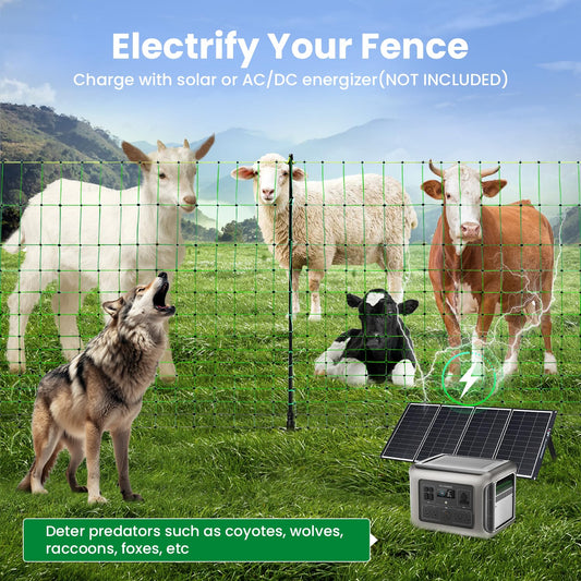 Electric Fence Netting, 49.6" H x 164'L Portable Livestock Nets for Cattle, Sheep, Goat, Hogs, Larger Animals, Electric Fencing with 14 Pre-Assembled Double-Spiked Posts for Backyards, Ranches, Farms