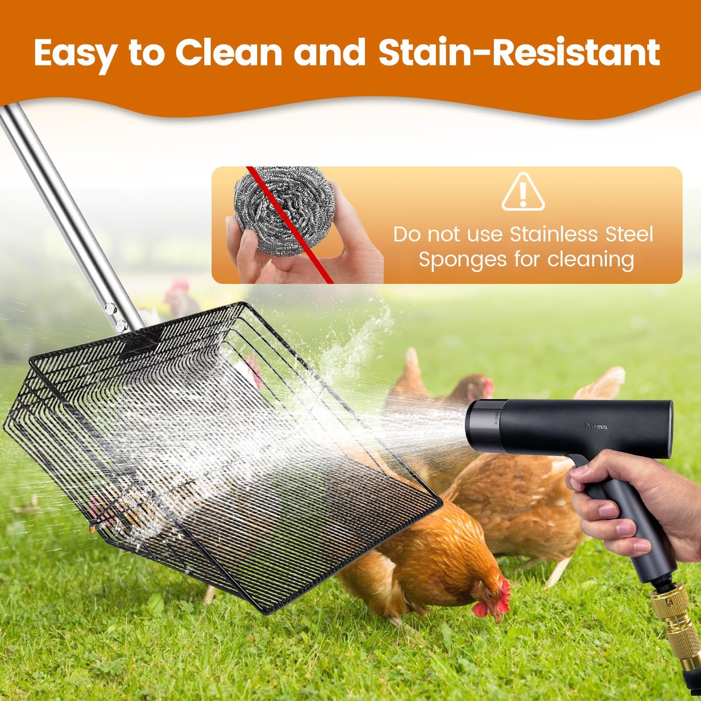 15 inch Extra Large Chicken Poop Scooper with Ergonomic Grip,5-in-1 Heavy Duty Adjustable Coop Scoop for Poop (24 to 68"), Stainless Steel Sifting Litter Shovel Scoop for Chicken Coop