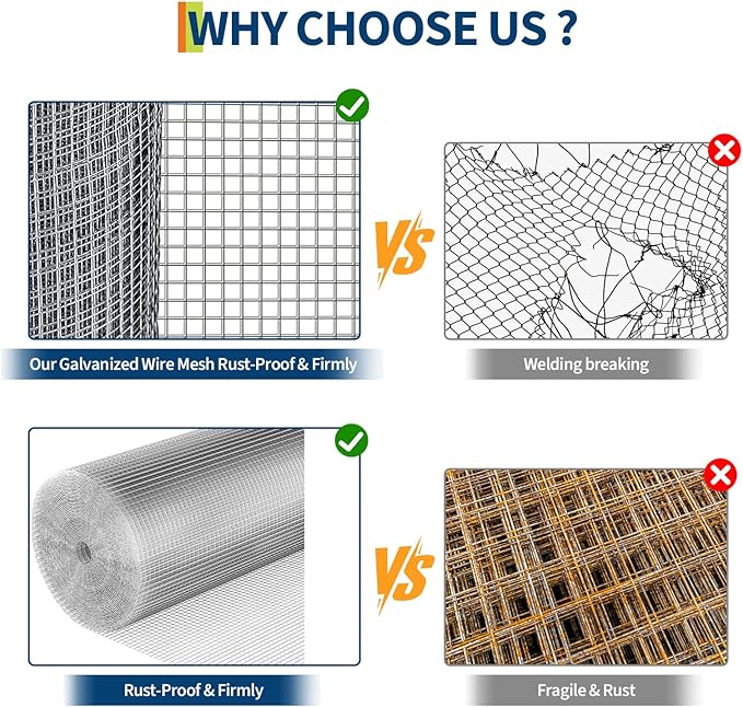Hardware Cloth 1/2 Inch - 36in x 100ft Heavy Duty Galvanized Chicken Wire Mesh Roll, Hot-Dipped After Welding for Chicken Coop, Rabbit Cages & Garden Fencing – Poultry Netting & Chicken Wire Fencing