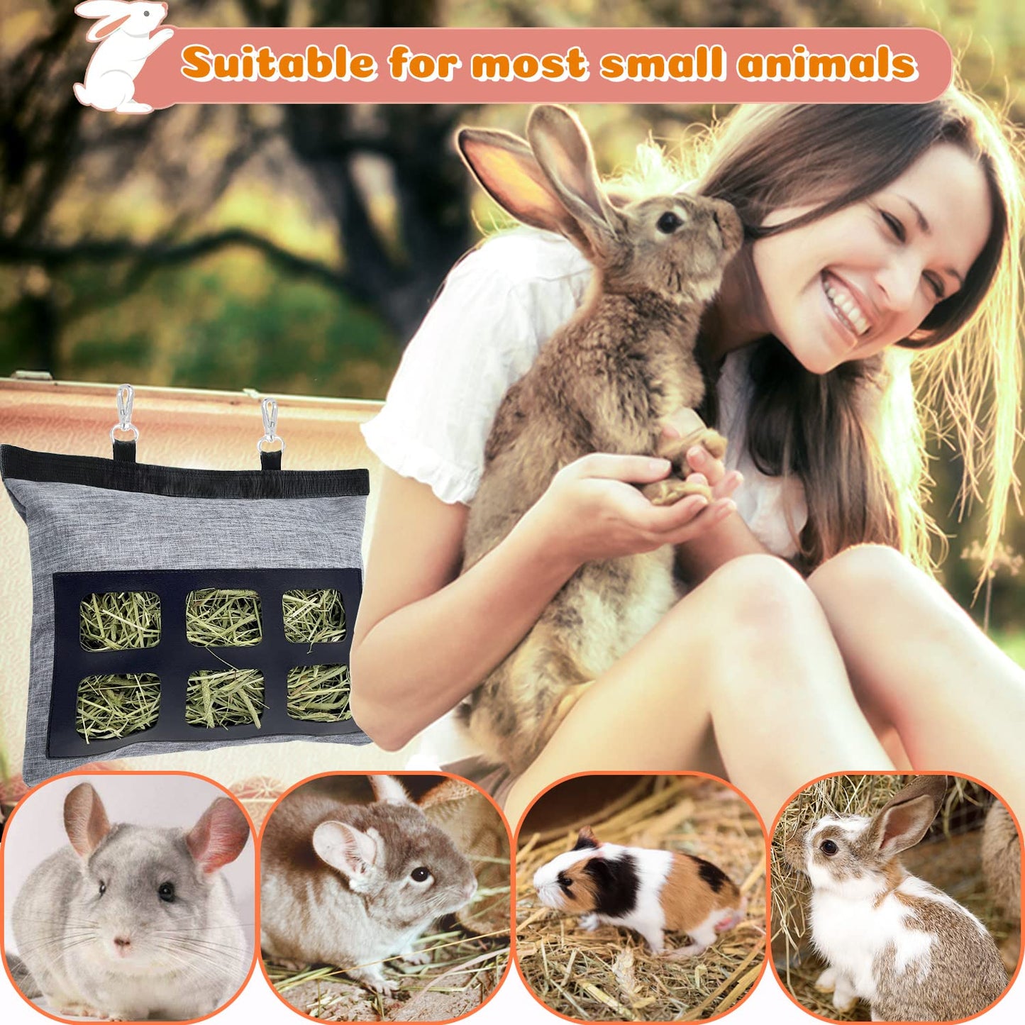 Rabbit Hay Feeder Bag, Upgraded Bunny Guinea Pig Hay Feeder, 600D Oxford Fabric Hay Holder for Small Animal Rabbit Guinea Pig Chinchilla Cage