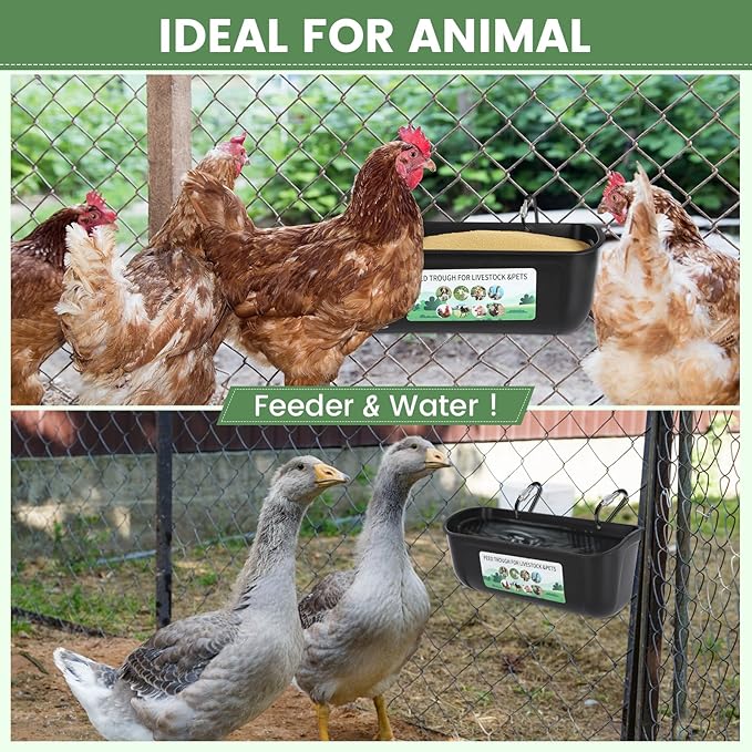 4 Pack Hanging Chicken Feeder,Fence Feeder Trough and Waterer for Goat Sheep Deer Duck Poultry Livestock,Feeding Waterer Container Bucket with Clips and Brush (Black)