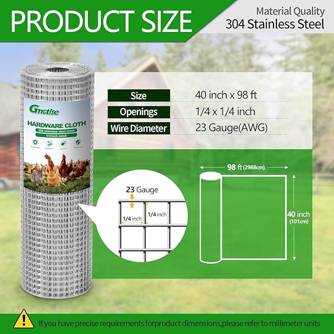 Hardware Cloth 1/4 inch 23 Gauge Large Size 304 Stainless Steel mesh Chicken Wire Welded Fencing Wire Mesh Roll Garden Fence 40in×98ft