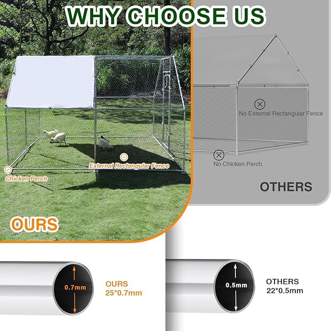Large Metal Chicken Coop Run with Climbing Frame, Outdoor Walk-in Poultry Cage Flat Top with Waterproof&Anti-UV Cover, for Outdoor Backyard Farm, Silver (118" L x 118" W x 78.7" H)