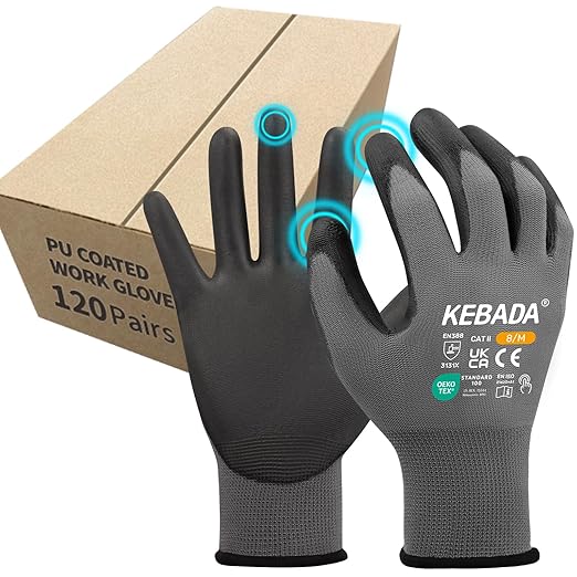 Kebada Safety Work Gloves,120 Pairs Bulk Pack, Touchscreen, PU Coated, Ideal for Warehouse, Construction, Gardening and Mechanics, Grey, Medium