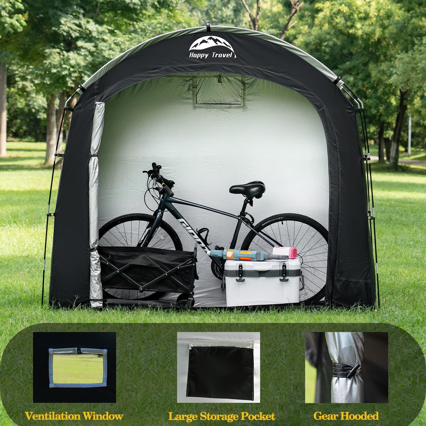 Happy Travel Bike Storage Shed Tent, Waterproof Portable Bicycle Cover with 30% More Top Storage Space for 2/3/4/5 Bikes,Clips Easy Setup Outdoor Sheds Shelter for Motorcycle, Garden Tools, Lawn Mower