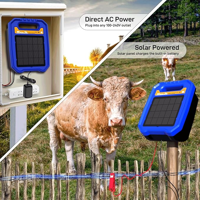 Low Impedance Electric Fence Charger - Solar Powered Electric Fence Controller Output 0.5J up to 5 Miles Electric Fence for Livestock Farm with Day/Night Mode