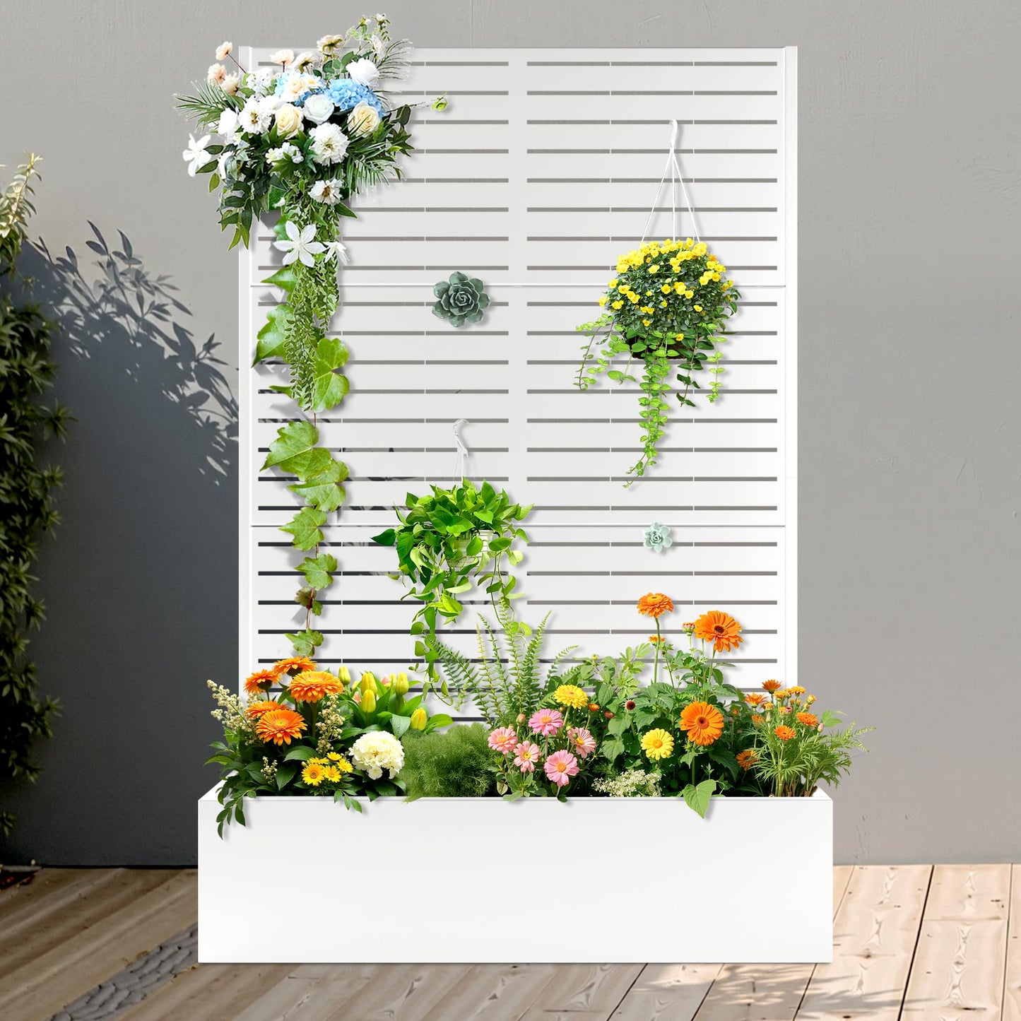 FENCY Metal Raised Garden Bed with Trellis, Metal Planter Box with Trellis, Garden Box for Climbing Plants Vegetable, 47" Lx16 Wx71 H Garden Bed with Drainage Holes(White-Louvered)