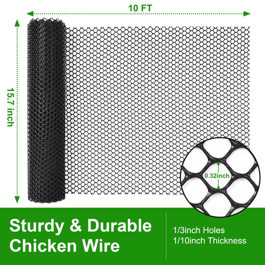 Plastic Chicken Wire Mesh - 15.7 in x 10 ft Black, Plastic Wire Mesh Fence for Dogs, Cats & Poultry - Garden Netting & Animal Barrier, Balcony Netting for Pets - Laddatz