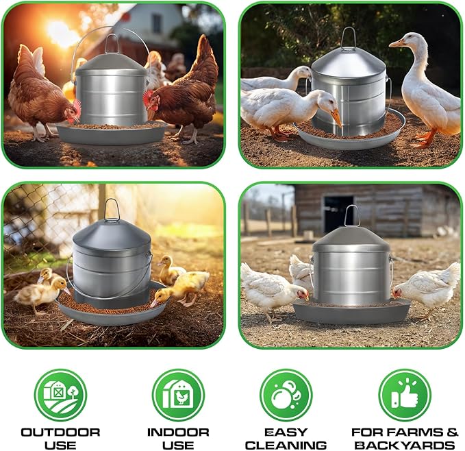 Plexon 17.6 Lb Stainless Steel Hanging Chicken Feeder no Waste Food-Grade Large - Poultry Feeder for Chicken Metal - Heavy Duty Reliable Long-Lasting with Handle