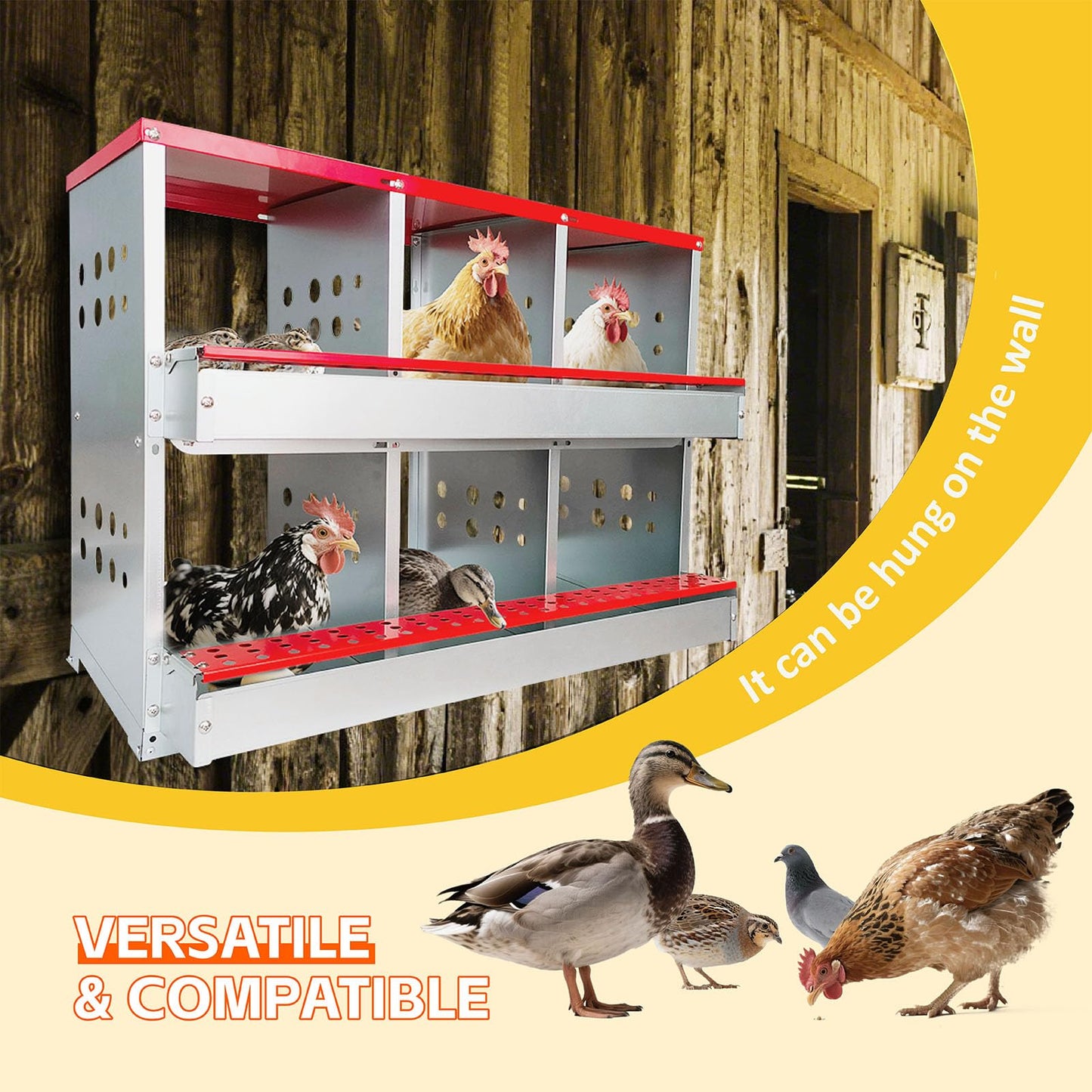 Chicken Nesting Boxes,6 Compartments Metal Chicken Laying Box with Roll Out Egg Collection with Large Vented Holes for Chickens, Hens, Ducks, Large Egg Laying Boxes (6 Compartments)