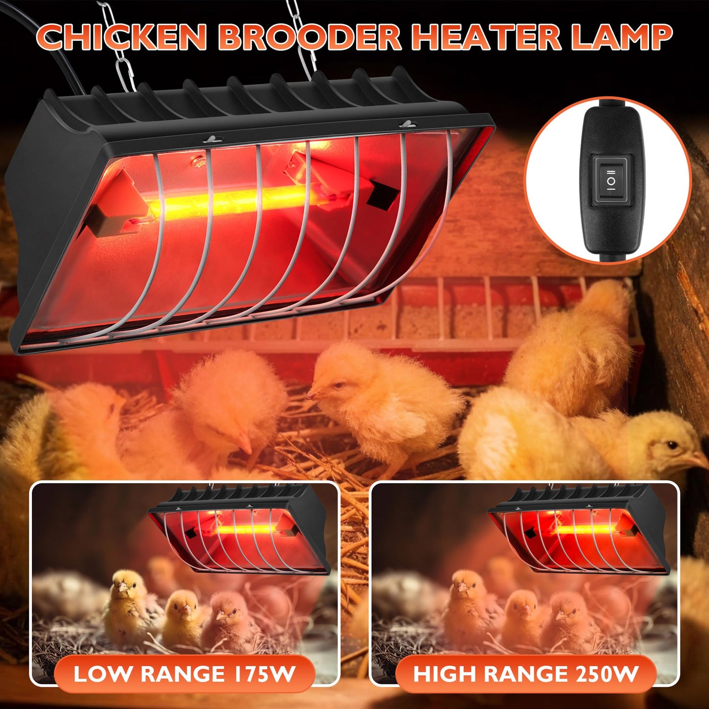 Heat Lamp for Chickens Chicks, Chicken Coop Heater with Adjustable Temp Hanging Height for Winter