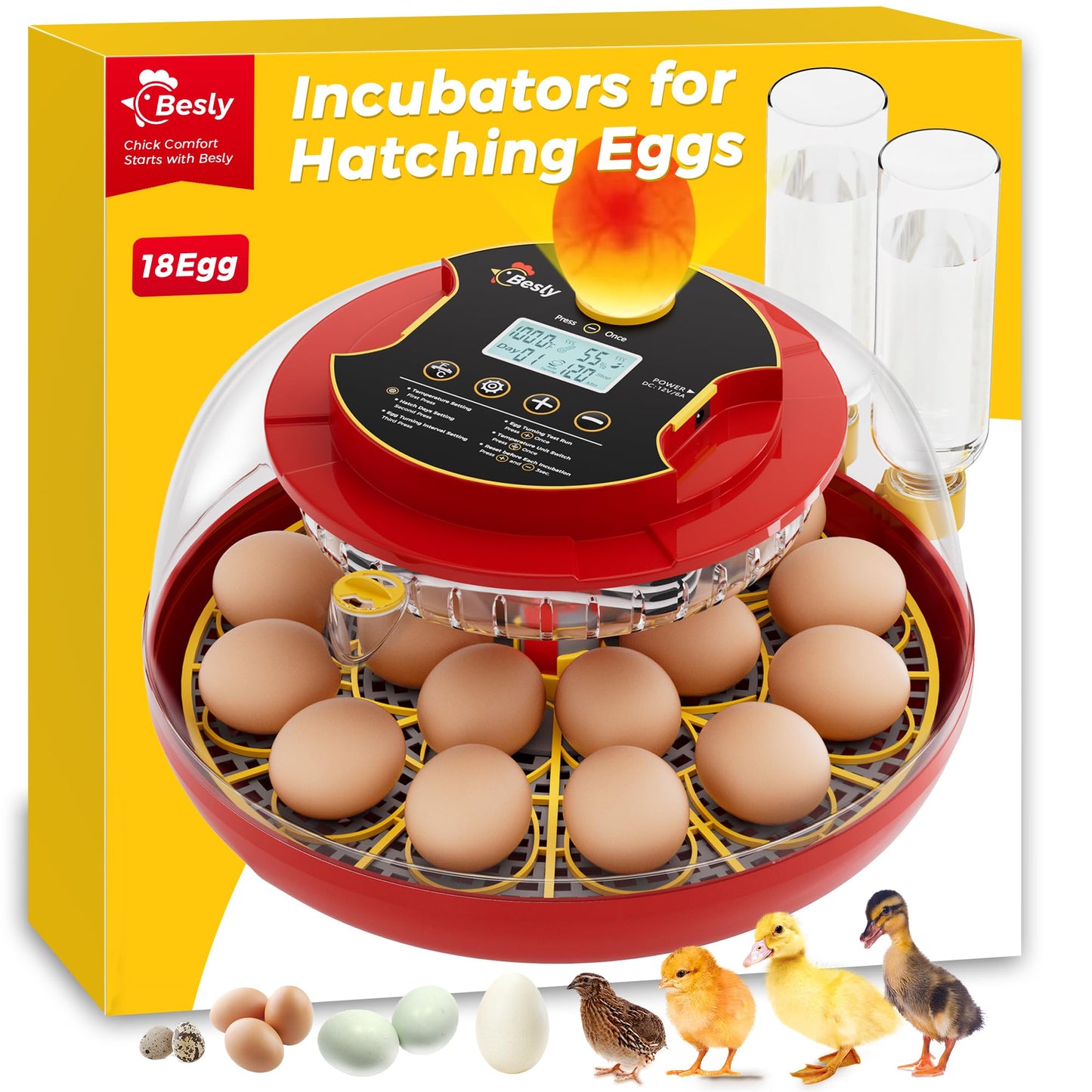 18 Egg Incubator with Automatic Egg Turning and Humidity Control, 360° Viewing, Dual Size Egg Trays for Chicken, Duck, Goose, Turkey, Quail, and Parrot Eggs, Ideal for Farm, Classroom, Home Use