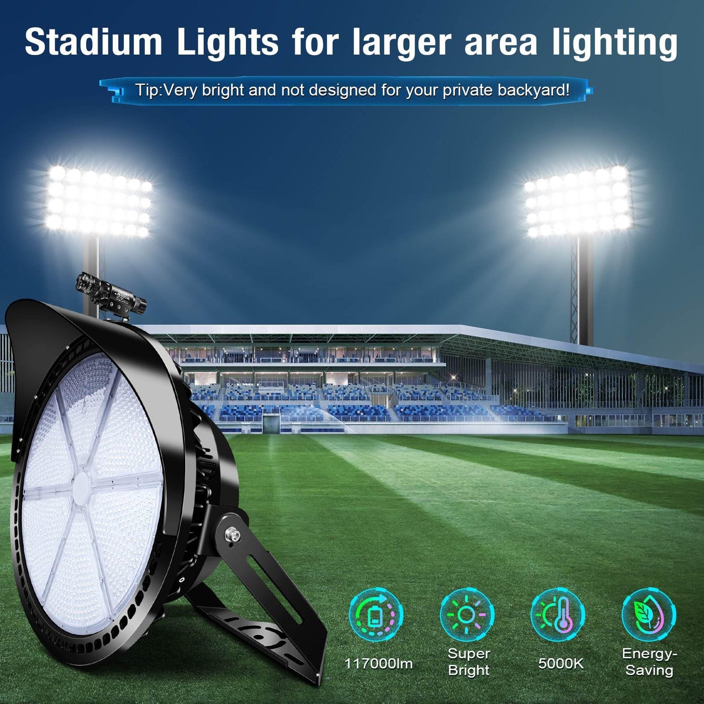 Tomourd Stadium Lights Outdoor LED, 600W Heavy-Duty Sport Court Floodlight Super Bright Commercial Arena Light Daylight IP66 10KV Waterproof Round for High Mast Ideal Large Field Lighting