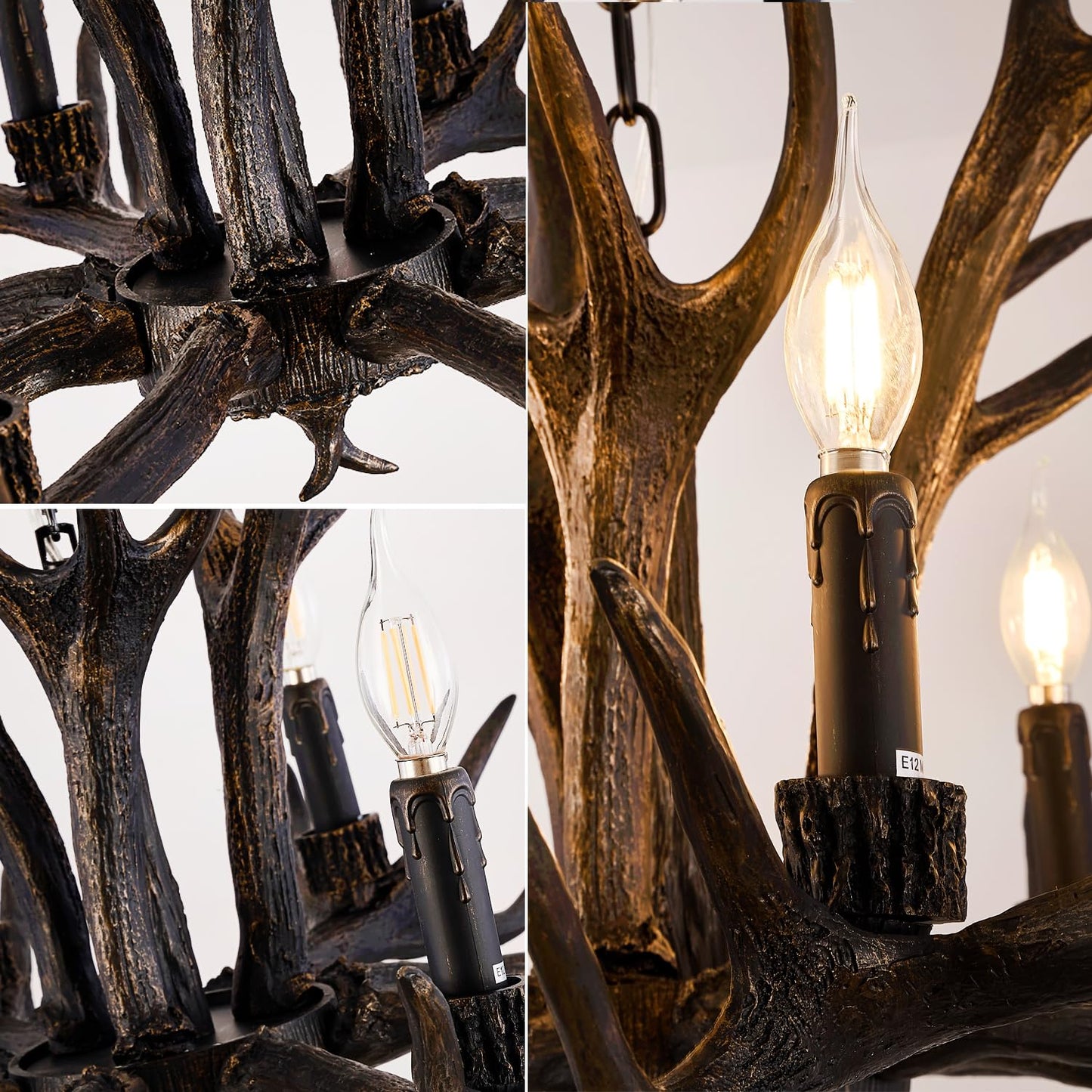 Uboxin Rustic Antler Chandelier Dark Brown 8 Light E12 Vintage Farmhouse Deer Horn Ceiling Light with Adjustable Chain for Living Room Dining Room Cabin Bar Cafe (8 Lights +3 Arms)