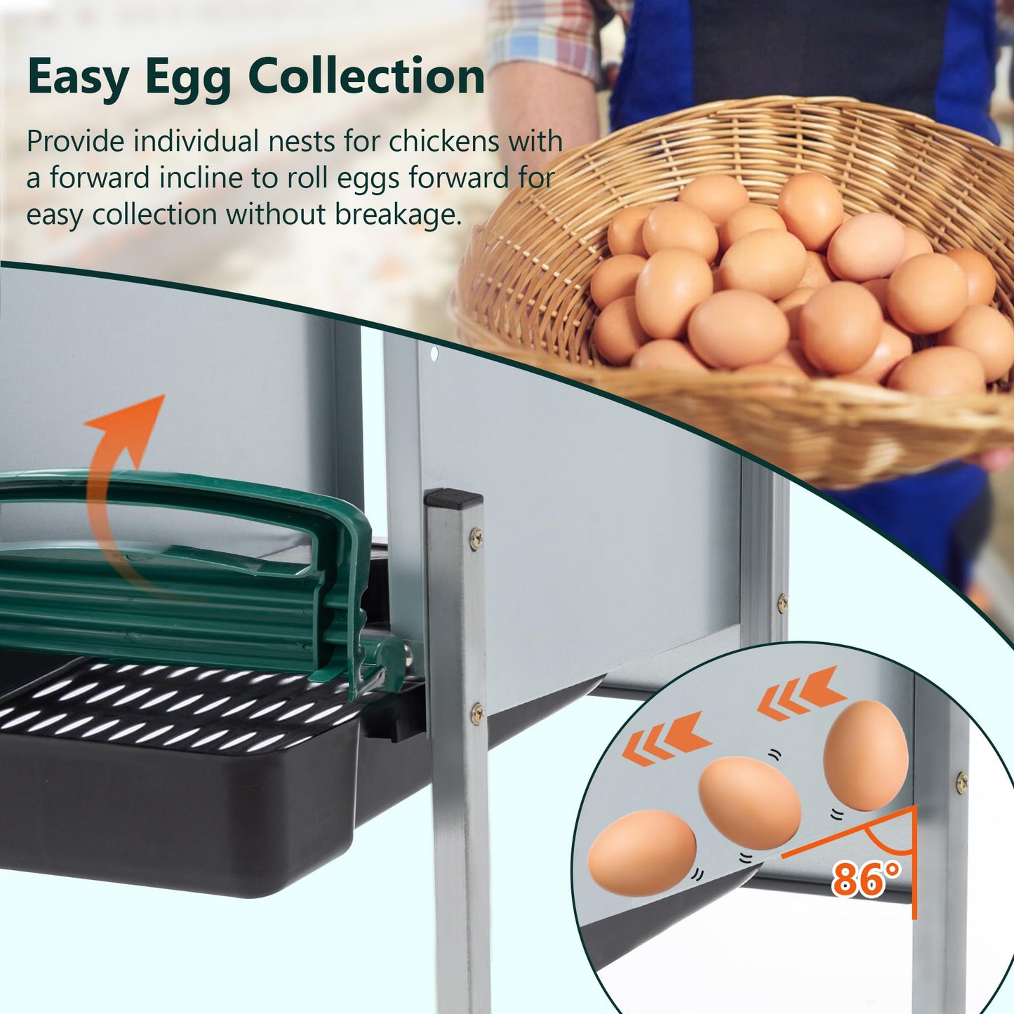 Chicken Nesting Box, 4 Compartment Metal Laying Box, Roll Away Nesting Boxes for Chicken, Indoor & Outdoor Use, Easy Egg Collection, 4 Holes with Legs, Green