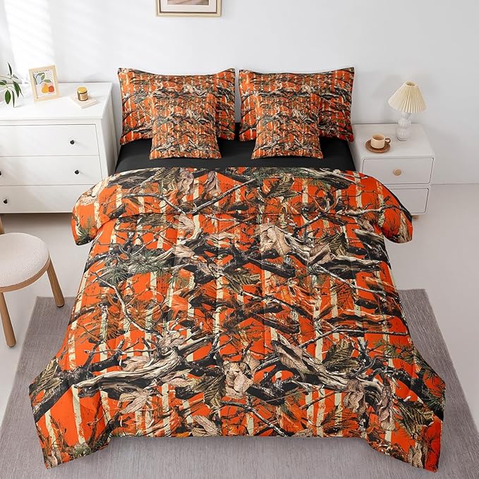 Feelyou Tree Branches 7 Pieces Bedding Set, for Kids Wild Hunting Leaf Bed Set Full Size Botanical Tree Bed in a Bag with Comforter, Sheets, Pillowcases Bedroom Decor Nature Theme Orange Brown